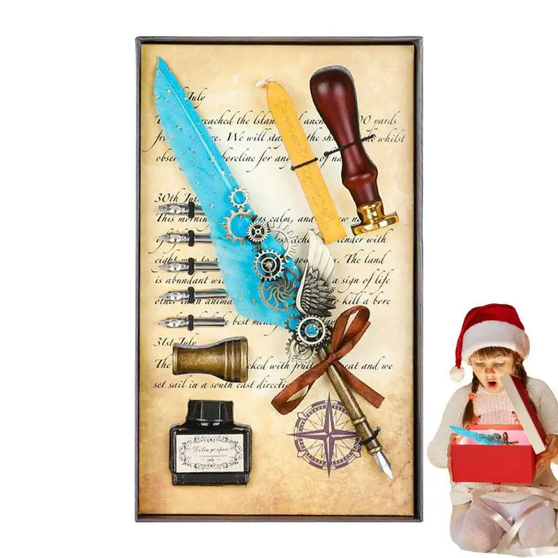 

Feather Pen And Ink Set Calligraphy Dip Pen With Ink Luxury Vintage Signature Pen With Ink 6 Replacement Nibs Pen Stand Base Wax