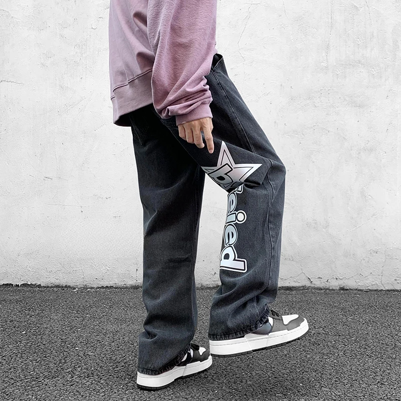 2022New Style Letter Printed Denim Pants 2022 New Streetwear Washed Jean Pants Men Loose Hip Hop Jeans White/Blue/Smoke gray