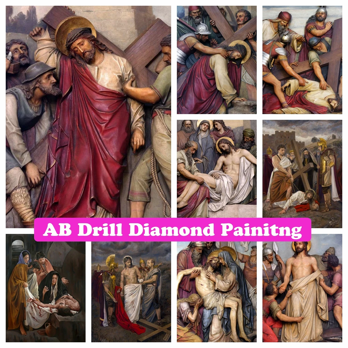 

Stations of The Cross Jesus 5D DIY AB Drills Diamond Painting Cross Stitch Religion Art Embroidery Picture Mosaic Home Decor