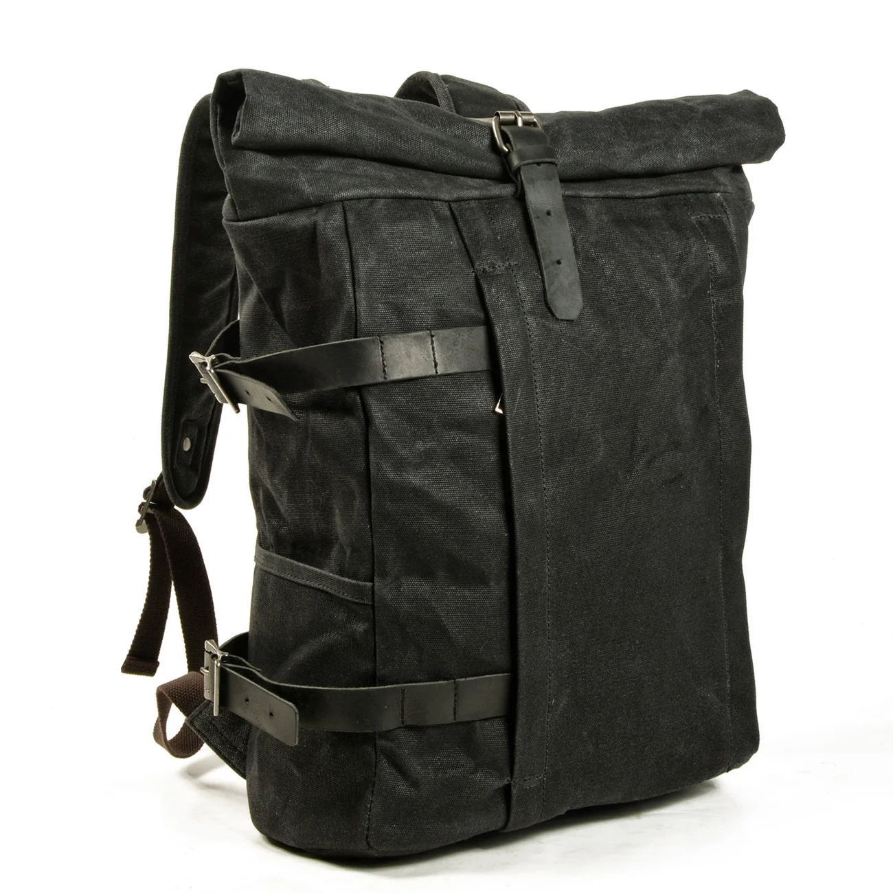 

Waxed Canvas Backpack Vintage Outdoor Men Rucksack Moto Style Women Packsack Waterproof Large Capacity Knapsack Black Color