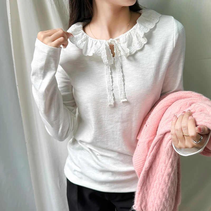 Футболка на шнуровке с кукольным воротником женский топ кружевная нижняя