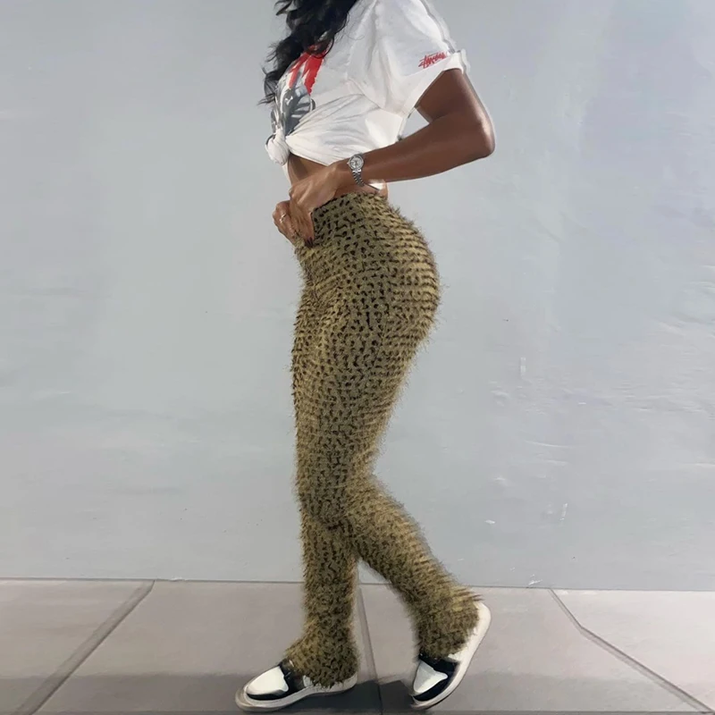 

Women Pants Folds Leopard High Street Sheath Slim Attirewear Stretchy High Waist Body-Shaping Streetwear