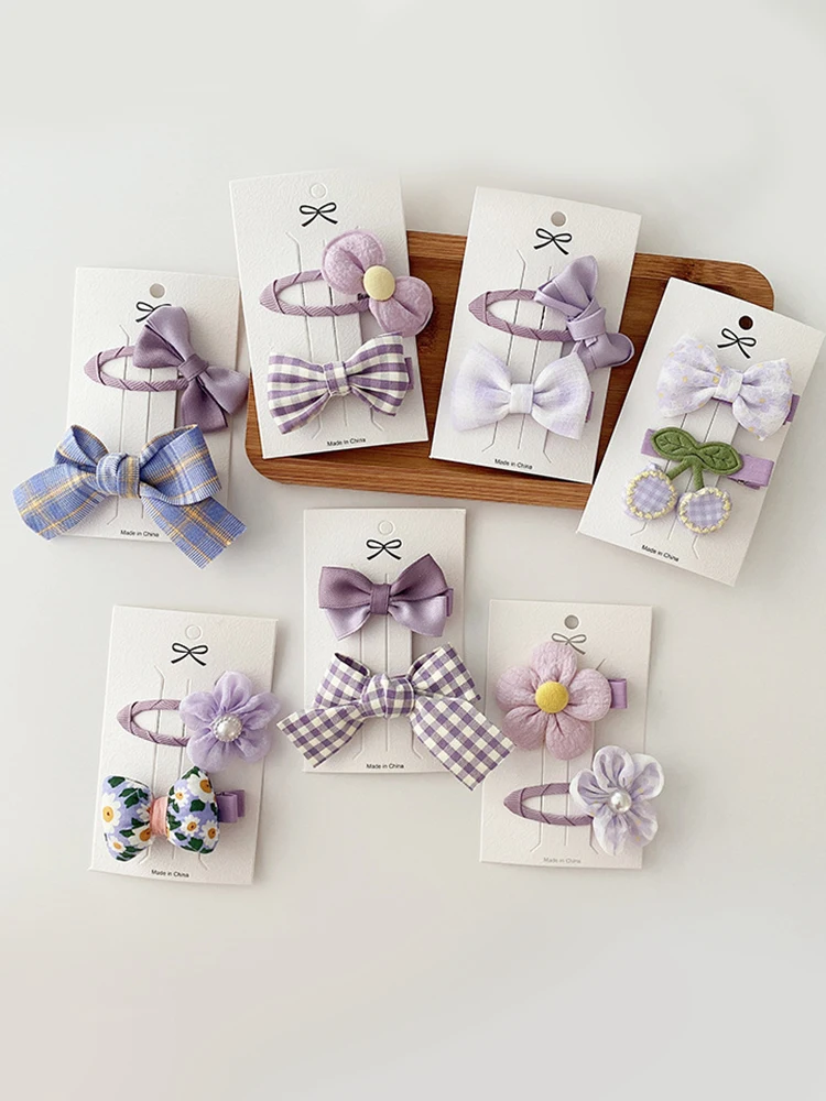 

New Beautiful Purple Bow Flowers Hairpins Metal Snap Clip Girls Bangs Side Clips DIY Hair Clip Barrettes Headwear Gift 2PCS