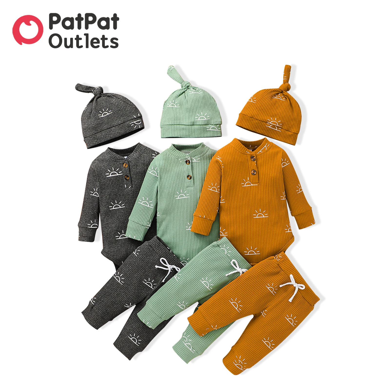 PatPat-Conjunto de ropa de otoño para recién nacido, pelele 95% algodón de manga larga con diseño de botones, pantalones elásticos, gorro, 3 piezas