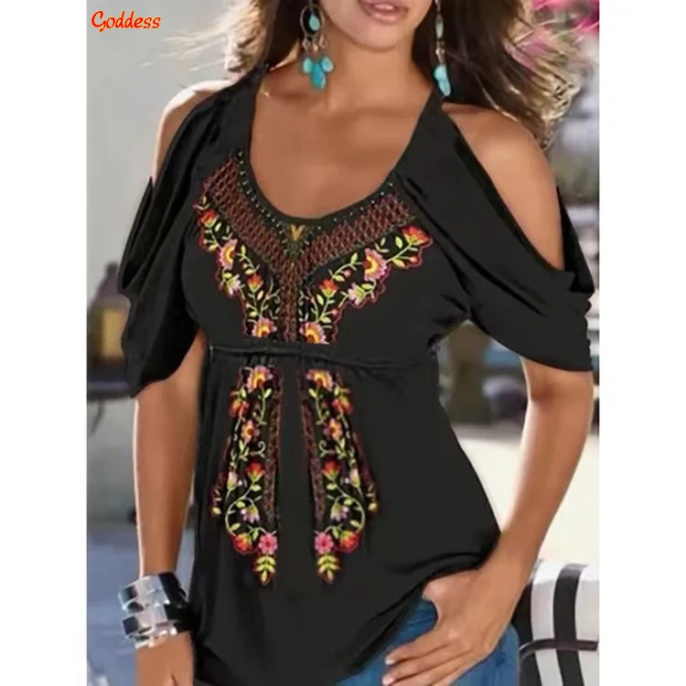 

GODDESS Summer Women's Off Shoulder T Shirt Loose V Neck Pleated Print Short Sleeve T Shirt Women Casual Comfortable Top