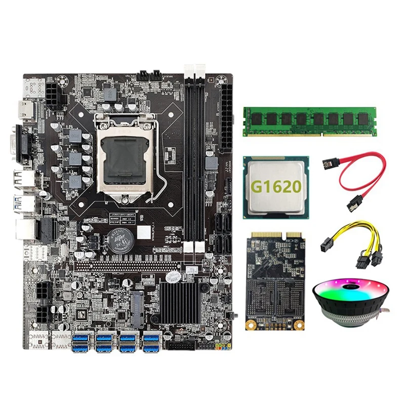 

B75 BTC Mining Motherboard LGA1155 8GPU USB3.0 To PCIE+G1620 CPU+DDR3 8GB 1600Mhz RAM+MSATA SSD 128G +Cooling Fan Miner