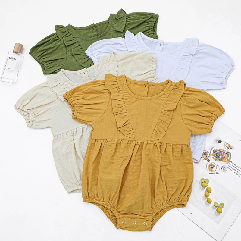 Summer Newborn Baby Girls Jumpsuit Cotton Linen Short Sleeve Solid Color Baby Girls Clothes Toddler Baby Girl Romper