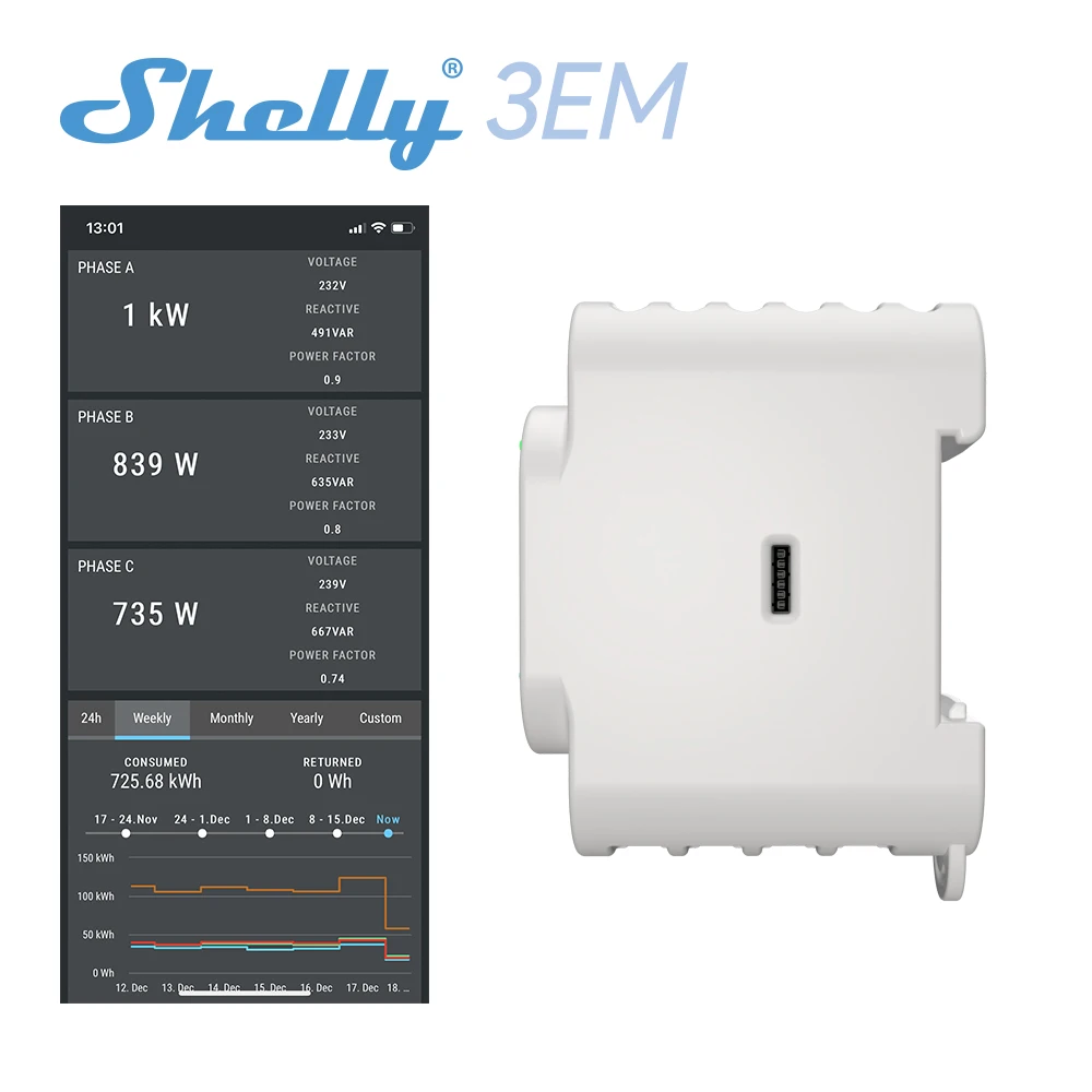 Shelly 3EM WiFi-operated 3 Phase Energy Meter Contactor Control Monitor Consumption Home Appliances Electric Circuit Office - купить по