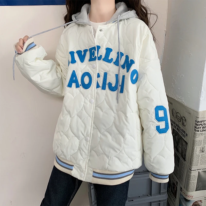 Winter American Street Baseball Uniform Warm Oversized Jacket Detachable Hat Harajuku Retro Letter Embroidery Fashion Coat Woman
