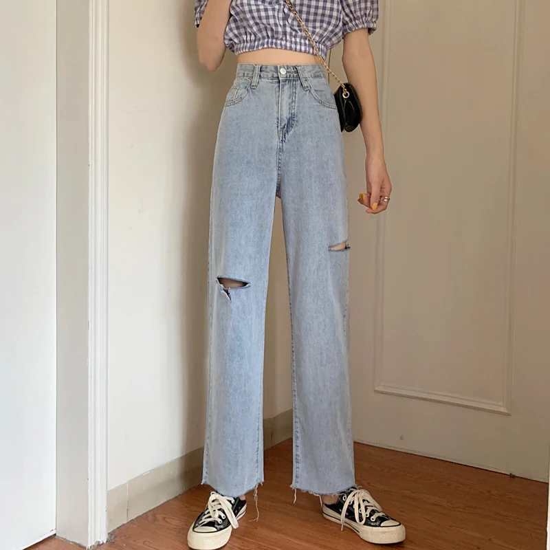 

Summer 2022 Thin Section High Waist Jeans Women's All-match Ripped Pants Loose Straight Wide Leg Pants