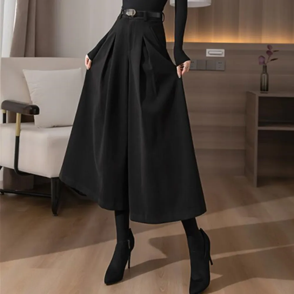 Fashion Black Wide Leg Pants Women Vintage High Waist Loose Long Trousers Elegant Office Lady Thick Woolen Flared Suit Pants