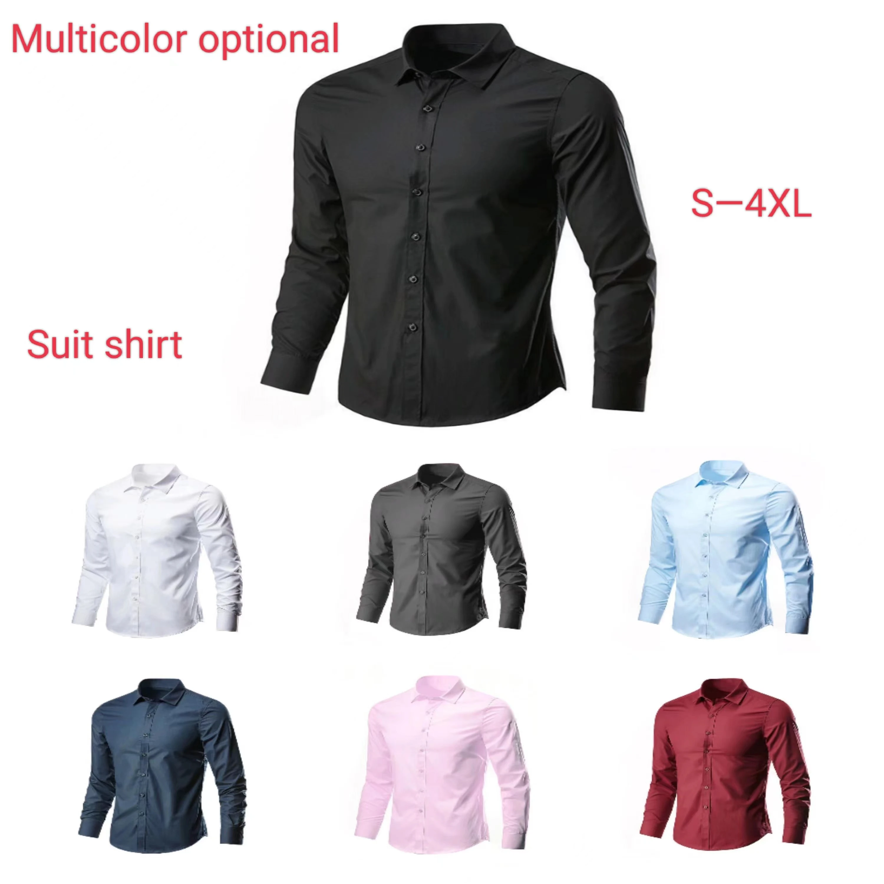 S-4XL Men's Shirt Business Leisure Long Sleeve Shirt Slim Suit Shirt Boutique Long Sleeve Collar T-Shirt Solid Color Joker Shirt