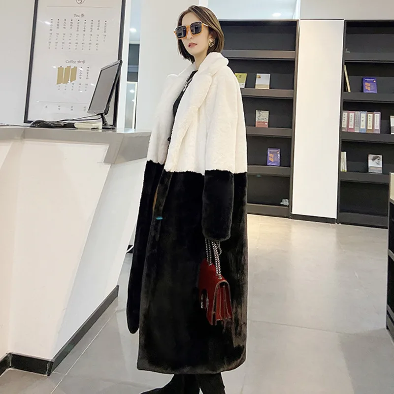 Korea Parka Winter Clothing Women Faux Fur Jacket long Color Matching Lapel OverCoat Female h Coat  x-long fur coats