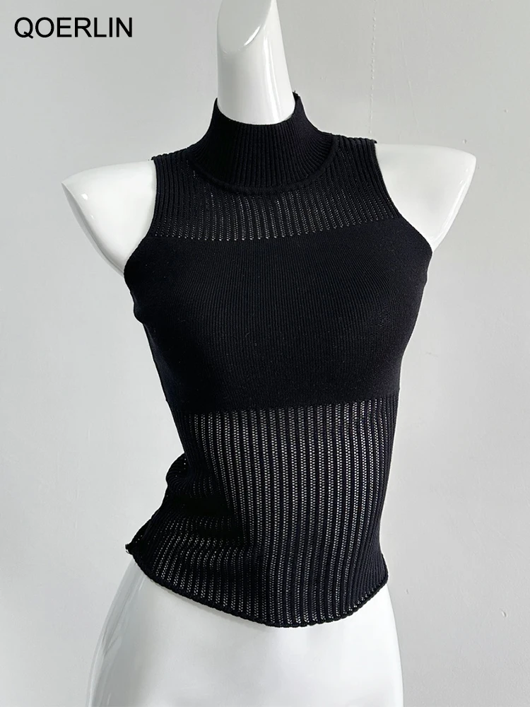 

QOERLIN Summer Half Turtleneck Knitwear Women 2023 New Sleeveless Sweater Hot Girls Transparent Sweater Pullover Black Apricot