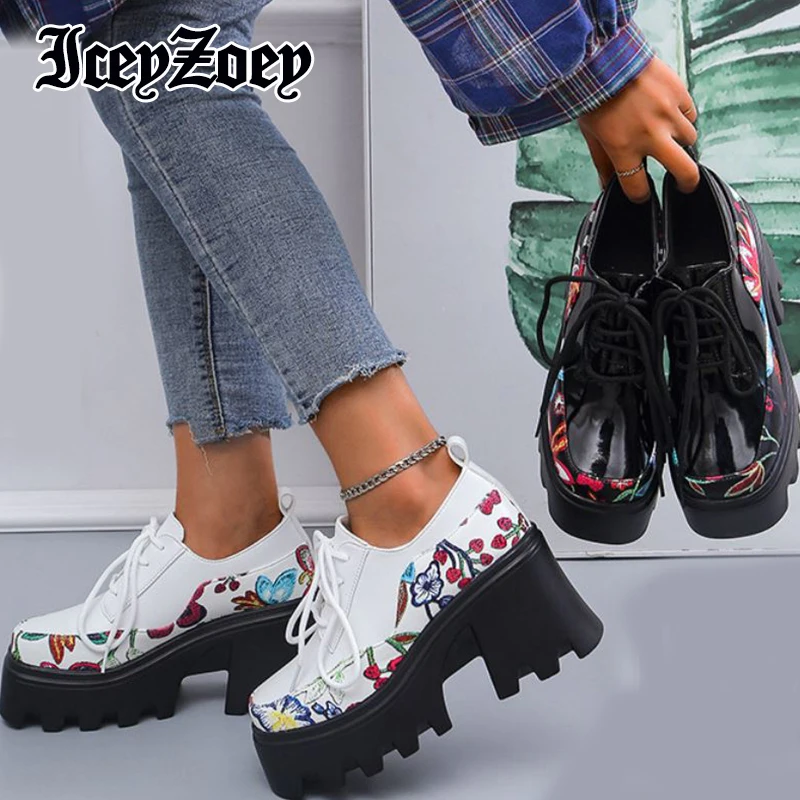 

Женские туфли-лодочки IceyZoey, черные туфли на высокой платформе с принтом, Клубная повседневная обувь, большие размеры 35-43, весна 2023