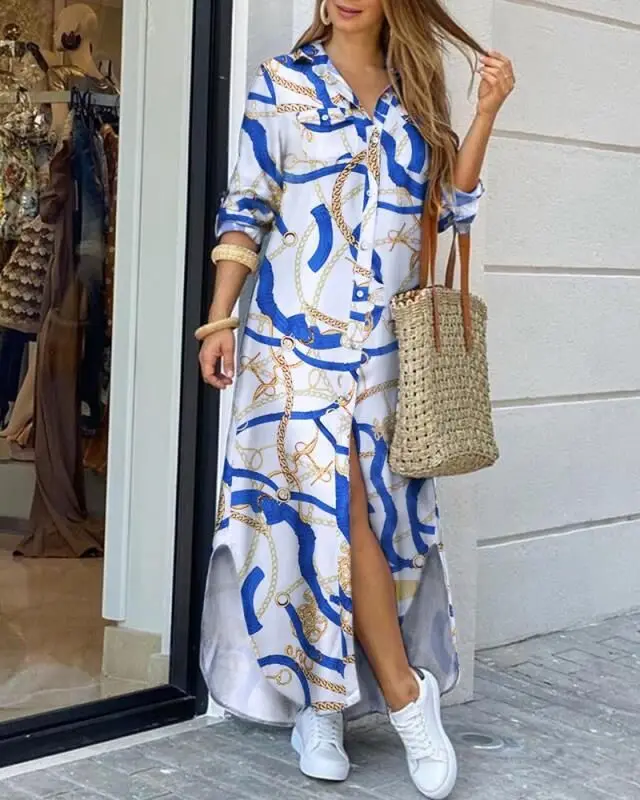 

2022 Spring Autumn Long Shirt Dress Turn-down Collar Single Breasted Button Letter Print Long Sleeve Oversized Robe Maxi Dress