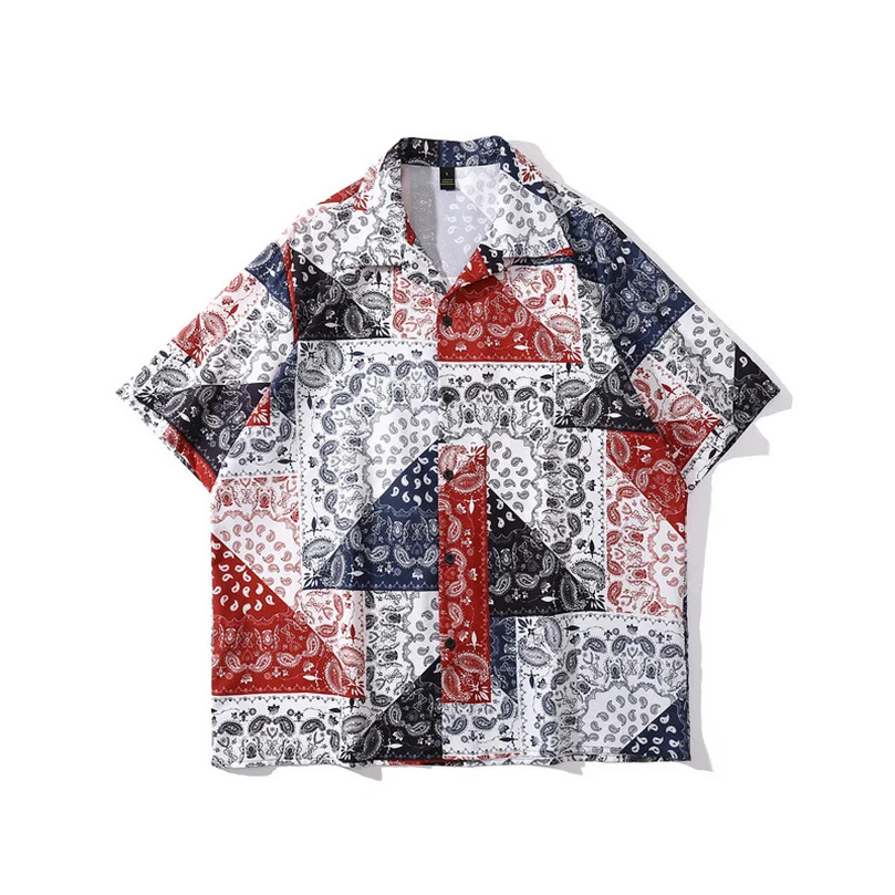 

Bandana Patchwork Hiphop Shirt Men Casual Oversize Summer Short Sleeve Shirts Man Beach Hawaiian Shirt Vintage Clothing