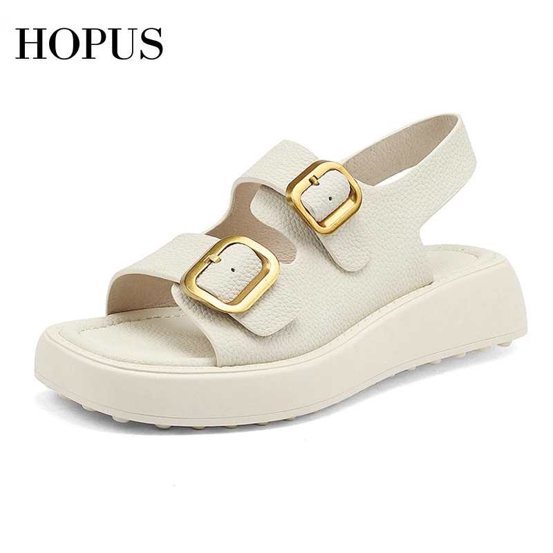 

HOPUS Sandals Ladies 2022 New Thick Sole Beach Shoes For Women Fashion Green Flats Leather Sandals Women Elegant Platform Shoes