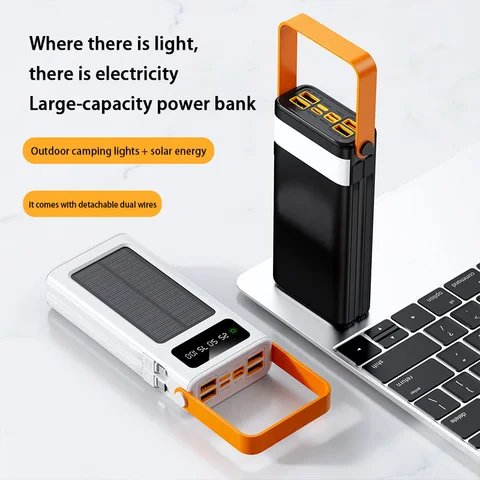 200000 mAh Solar Power Bank Встроенные кабели высокой емкости Внешний аккумулятор со светодиодной подсветкой Power Bank для iPhone Samsung Xiaomi 2025