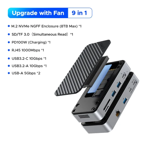 ORICO M2P7 USB C-концентратор с охлаждающим вентилятором Корпус M.2 NVMe SATA SSD Внешняя док-станция 10 Гбит/с HDMI-Com RJ45 SDTF