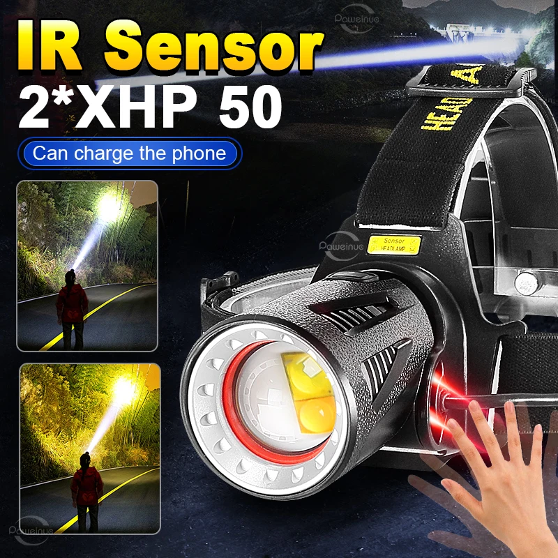 

Newest XHP50 LED Sensor Headlamp White And Warm Light Powerful Head Flashlight 3 Modes Powered By 18650 Battery Use For Fishing