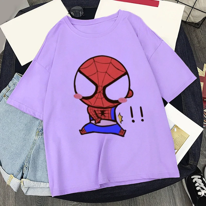 Spiderman Kawaii Print T-shirt Women Blusas Harajuku Aesthetics Purple Tops Tshirt 2022 New Summer Fashion Y2k Female T Shirt