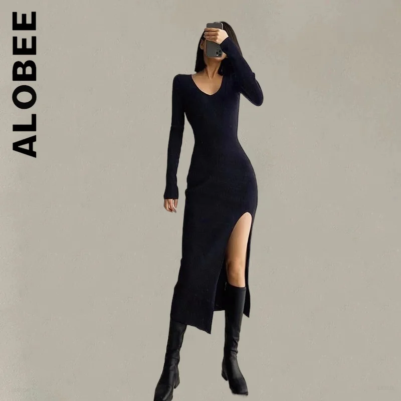 

Alobee Fashion Long Dress Sexy Dress Long Sleeve Lazy Elegant Sweet Dress Simple Streetwear Tight Basic Club Clothing Vestidos