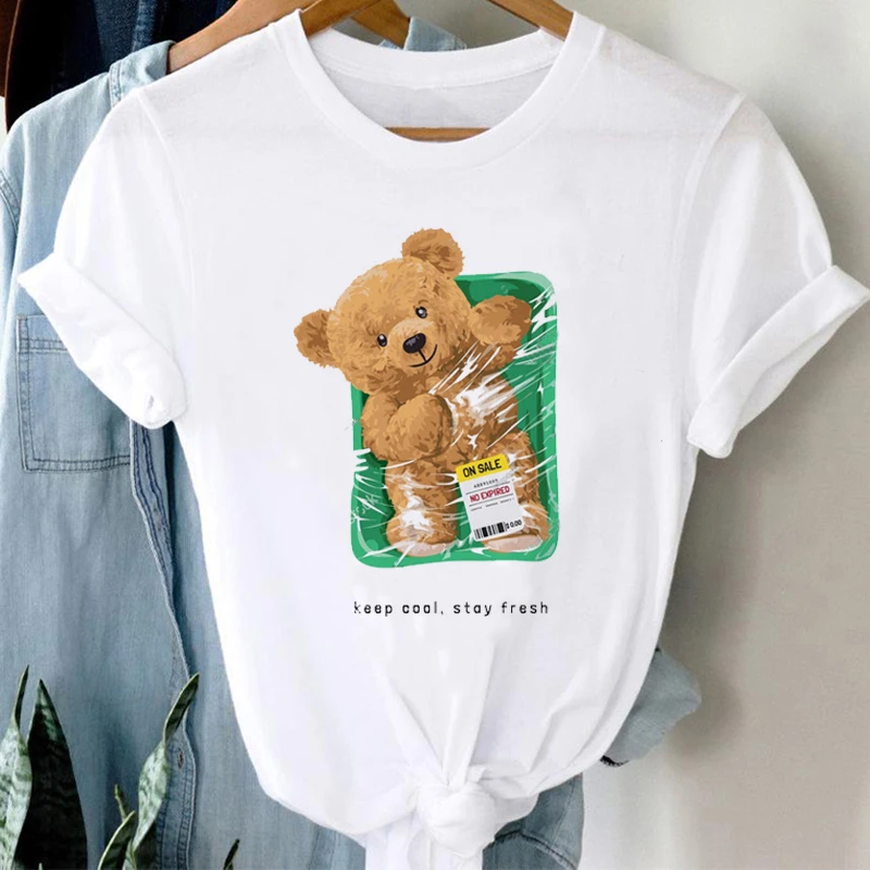 

Cartoon Style 90s Fashion Cute Bear Print T-Shirt Clothing Women'S Summer Short Sleeve T-Shirt Top Women'S Printed T-Shirt.