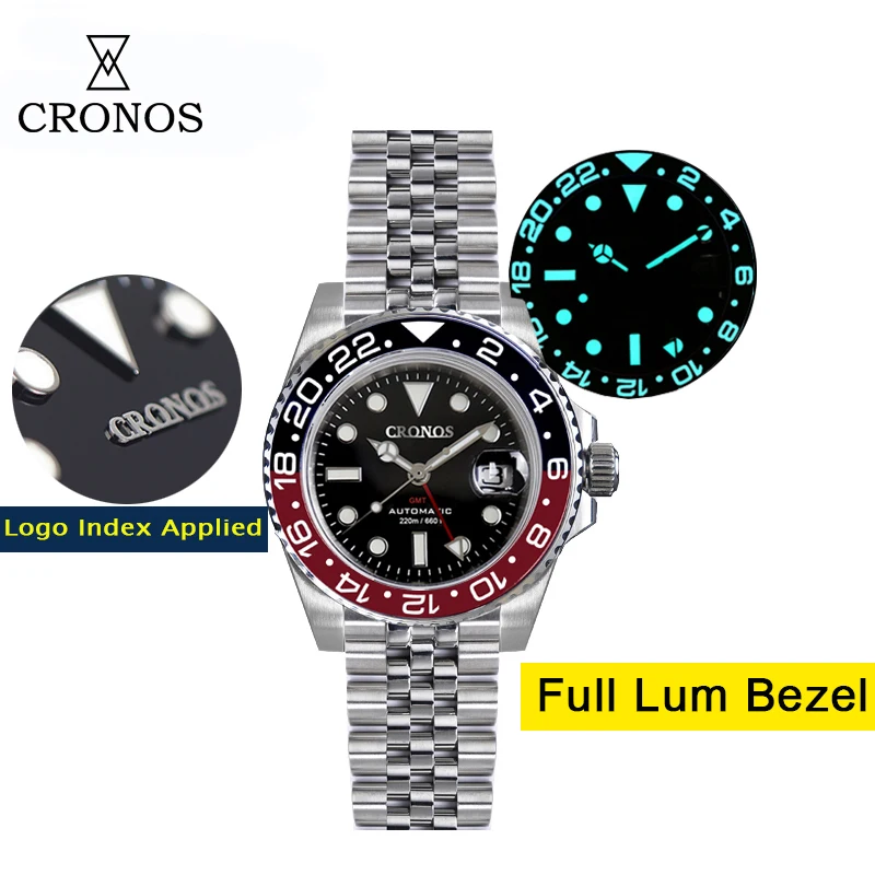 

Cronos GMT Automatic Men Watch Bidirectional Bezel Sapphire Crystal 20 ATM Diving Watch Solid 5 links Metal Bracelet BGW-9 Lum