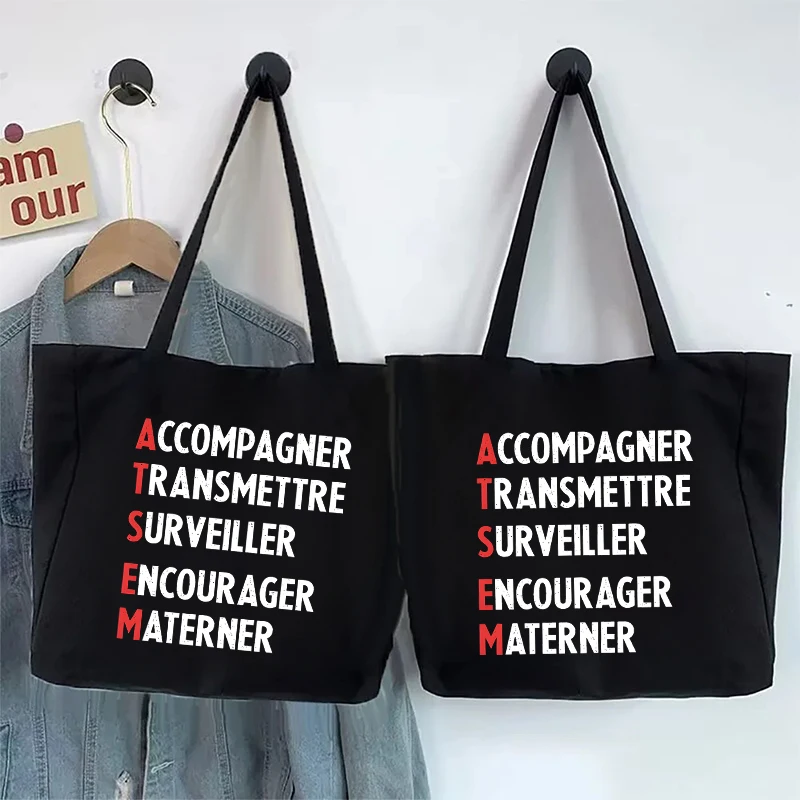 Фото Холщовая сумка-тоут с принтом French Merci Atsem, многоразовая сумка для покупок через плечо в качестве благодарственного подарка для специалистов по уходу за детьми №1