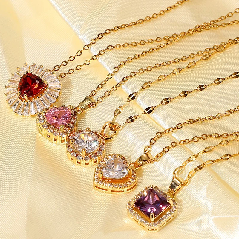 

Crystal Zircon Square Heart Cubic Zircon Necklace for Women Stainless Steel Gold Plated Diamond Fashion Jewelry Party Gift