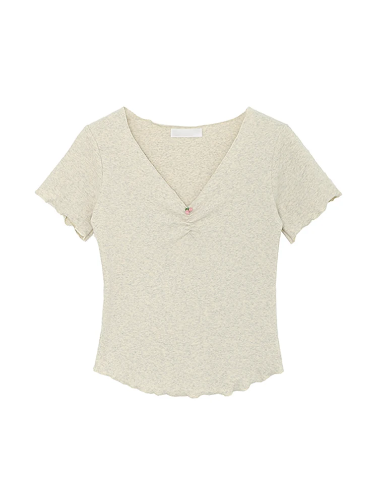 

Женская бежевая футболка Y2k с коротким рукавом и V-образным вырезом, Корейская Винтажная футболка в стиле Харадзюку, летняя одежда 2023