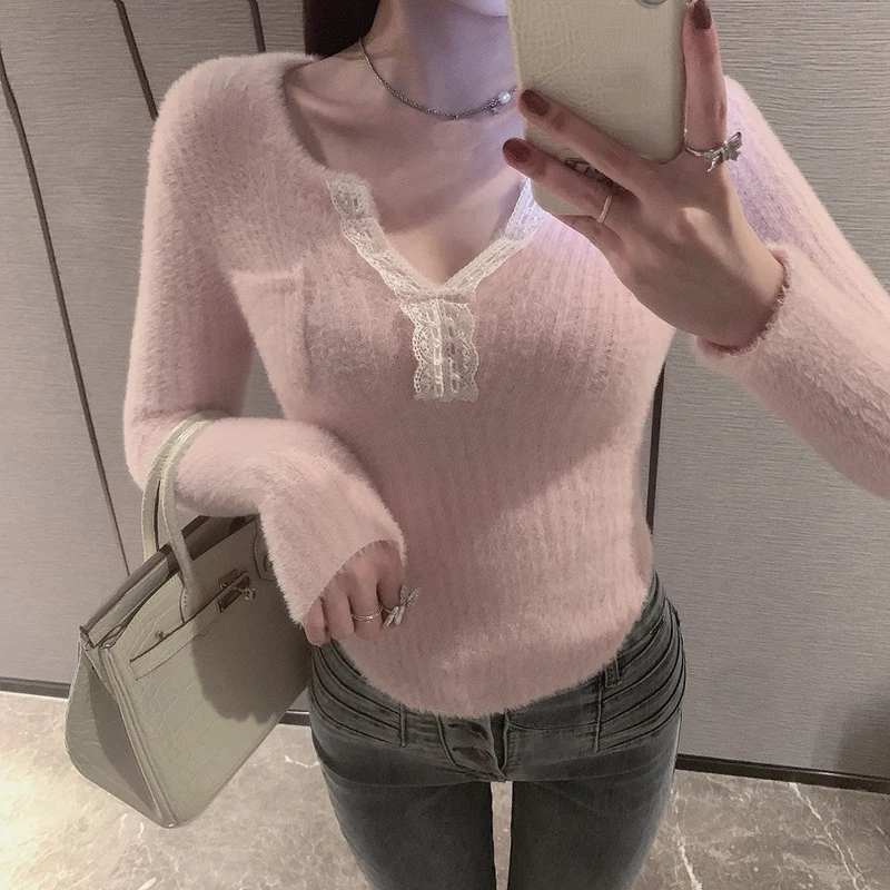 

Pink Sweater Cute Knitted Pullover Women Lace Trim V-neck Short Jumper for Sweet Girl Kawaii Clothes