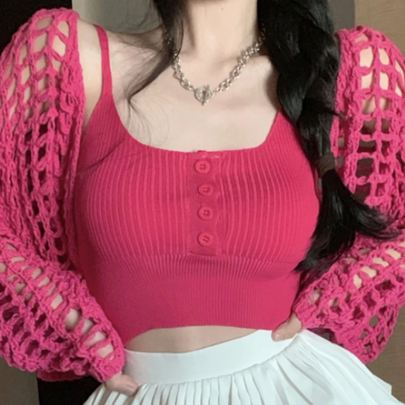 

Женский кардин с топом, вязаный, розово-красный, летний, Топ