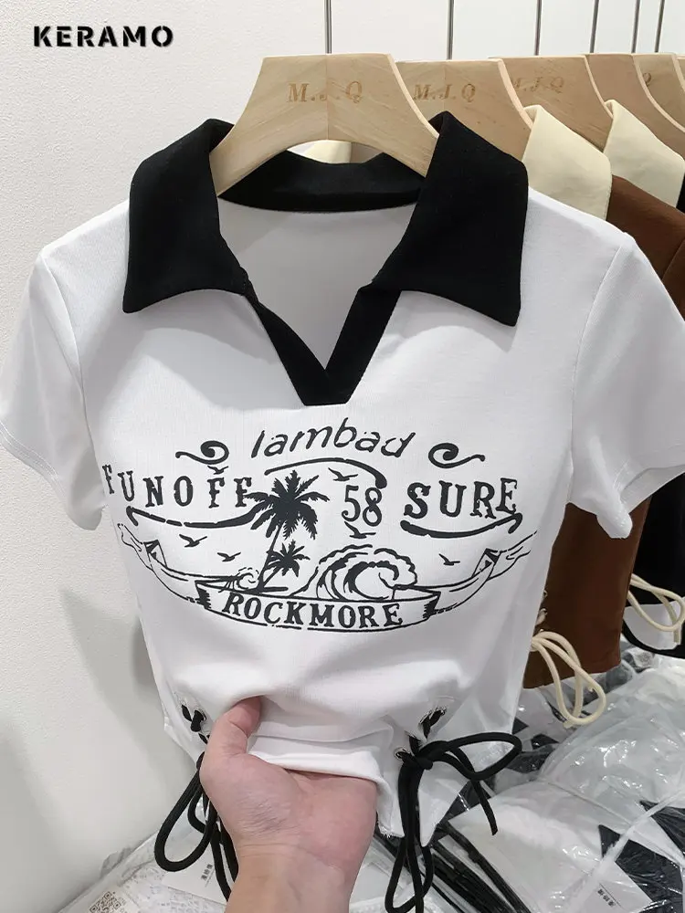 

2023 Summer Casual Letter Print Short Sleeve Turn-Down Collar T-Shirts Women's Fashion All-Match Slim Lace-up Tees Crop Tops