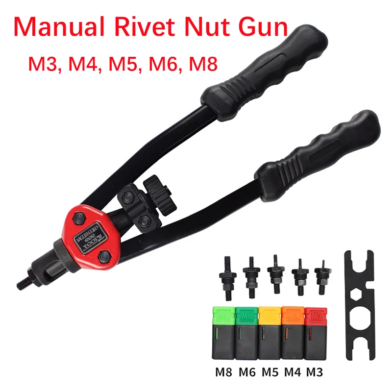 

Manual Rivet Nut Pliers with 5 Parts Heads M3, M4, M5, M6,M8 Pulling Screw Gun Short-Arm Riveting Nut Riveter Nut Setting Tool