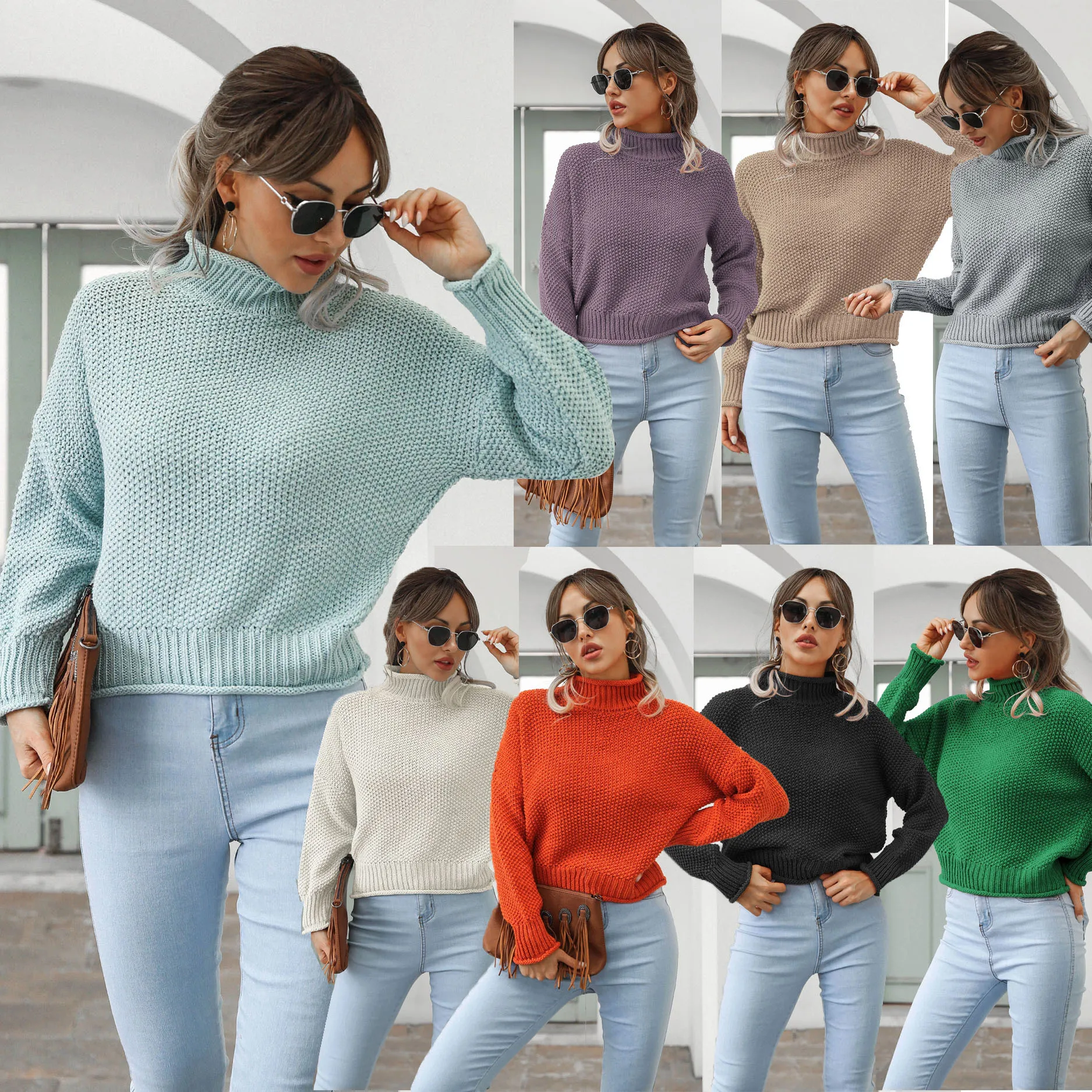 

Fashion Pullover Sweater Spring Autumn Winter Vintage New Women Casual High Neck Long Sleeve Loose Knit Tops Streetwear Blouse