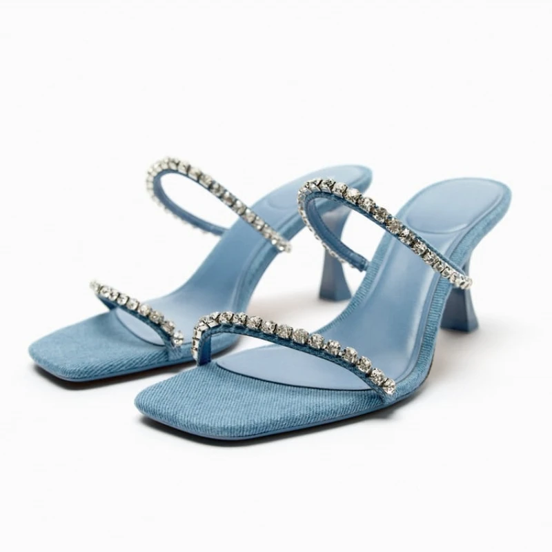 

TRAF Luxury Rhinestones High Heels For Women 2023 Chic Squared Toe Denim Heeled Sandals Elegant Ladies Slippers Shoes Blue Heels