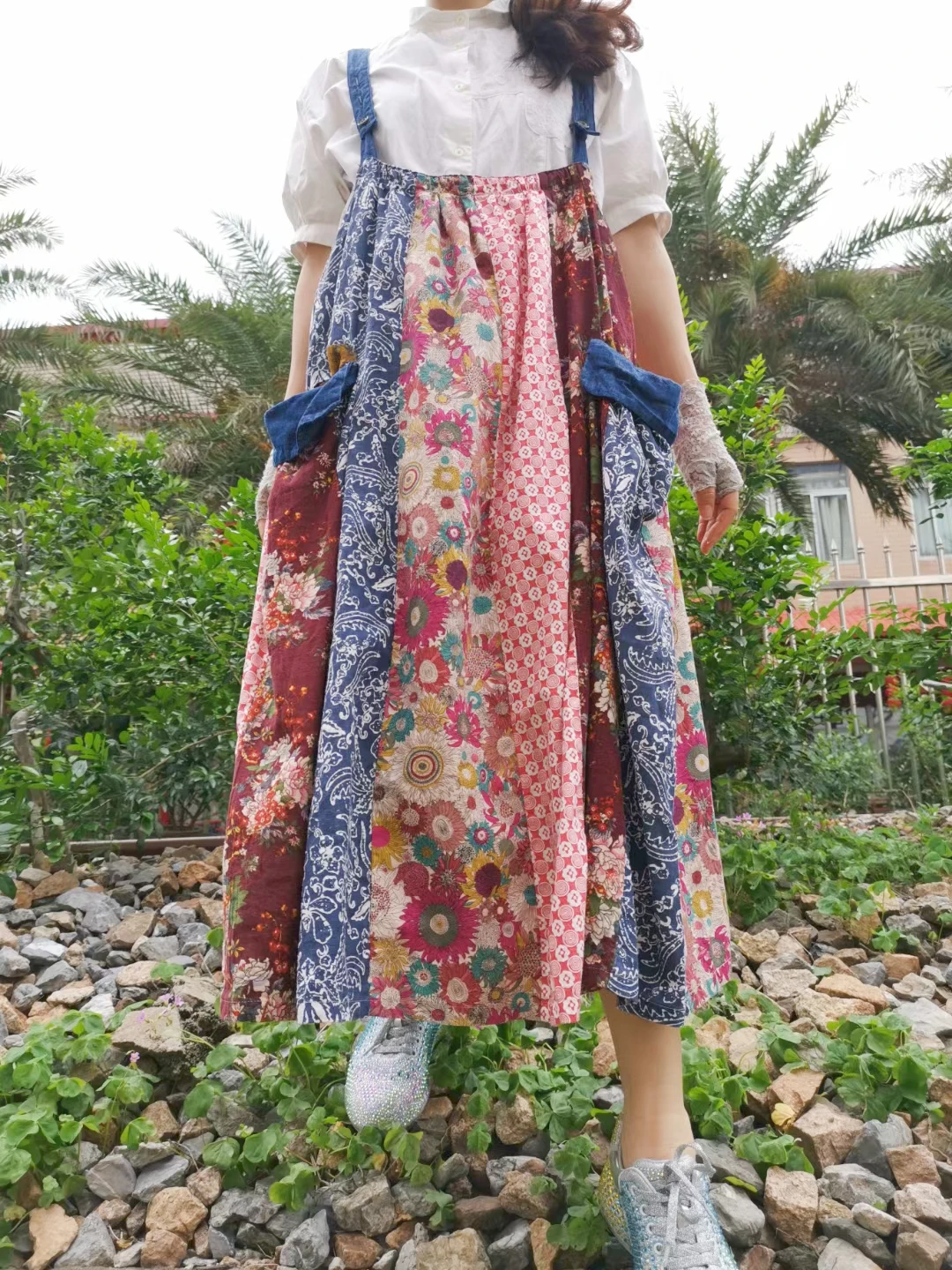 

100% Cotton Female Gypsy Floral Patchwork Tiered Loose Waist Midi Dress Women Boho Hippie Bohemian Big Size Strap Swing Dress