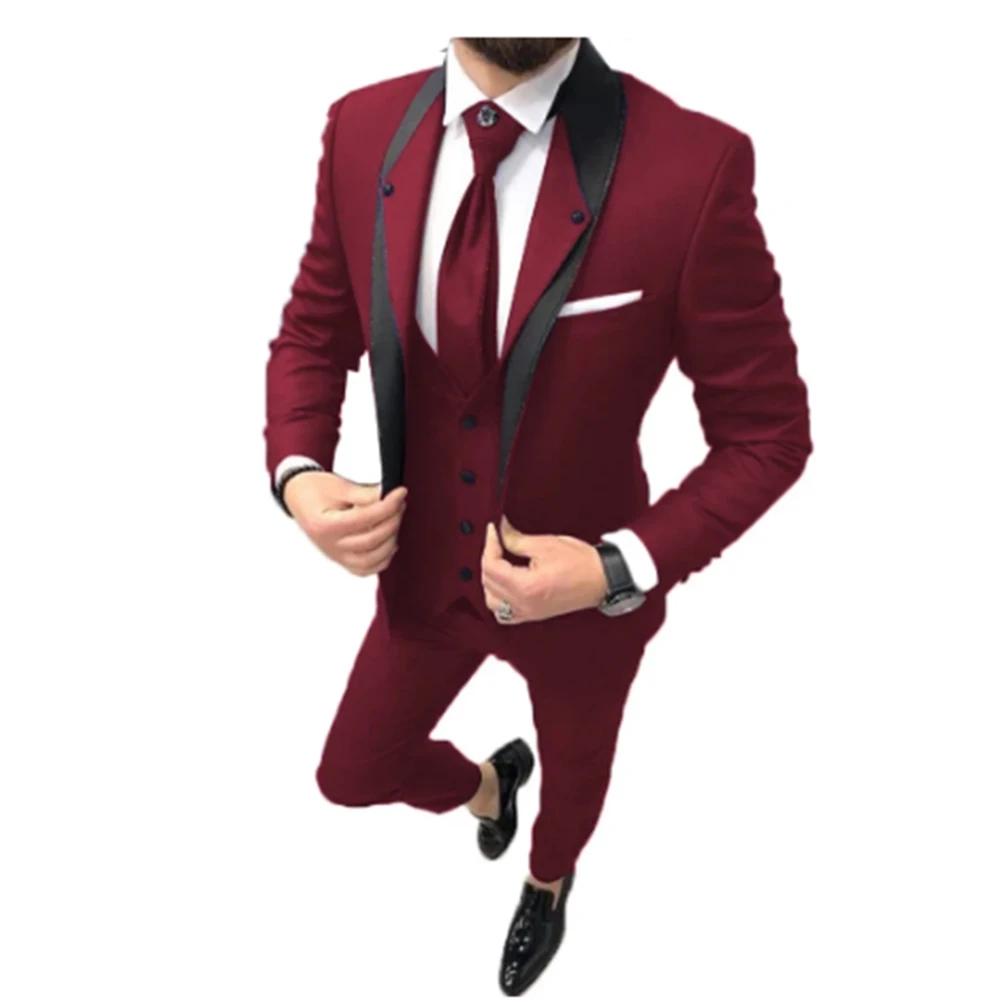 2021 High Quality Slim Fit One Button Red Groom Tuxedos Groomsmen Mens Wedding Suits 3 Piece Prom Bridegroom (Jacket+Pants+Vest)