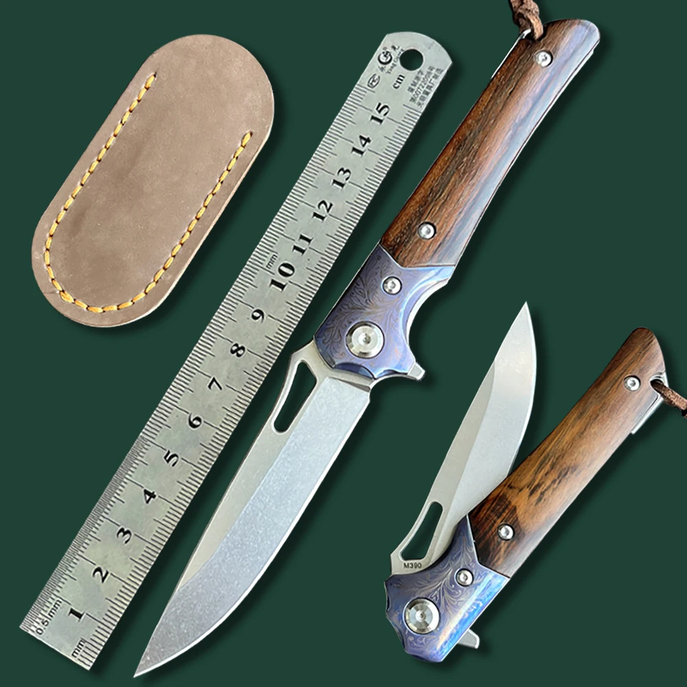 Austria M390 outdoor high hardness folding blade sharp fruit knife camping imitation tool titanium alloy+desert iron wood  handl