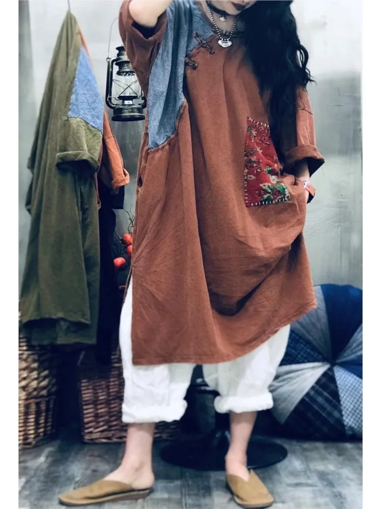 

Women Summer Dress Cotton Patchwork Vintage Female Clothes Loose O-neck Short Sleeve Long Women Dress Robe