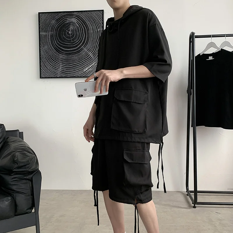 Sets Men Two Pieces Outfits Gothic Black Fashion Cargo Short Sleeve Hoodies Shorts Tactical Workout Handsome Male Bodybuilding
