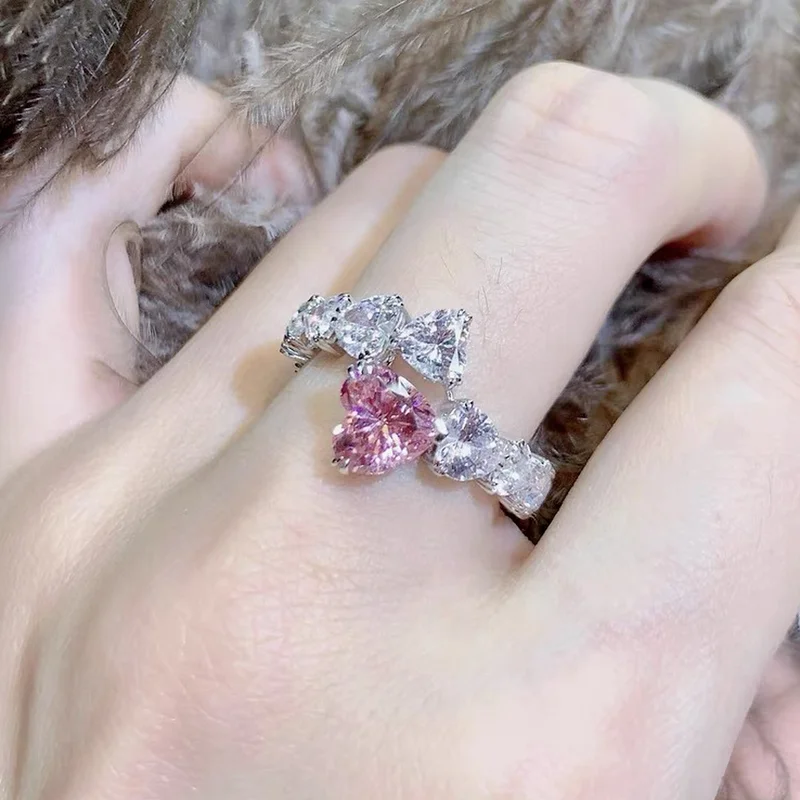 

Korean Luxury Pink Heart-shaped Full Crystal Cubic Zirconia Open Ring Romantic Wedding Banquet Exquisite Jewelry For Women Gifts