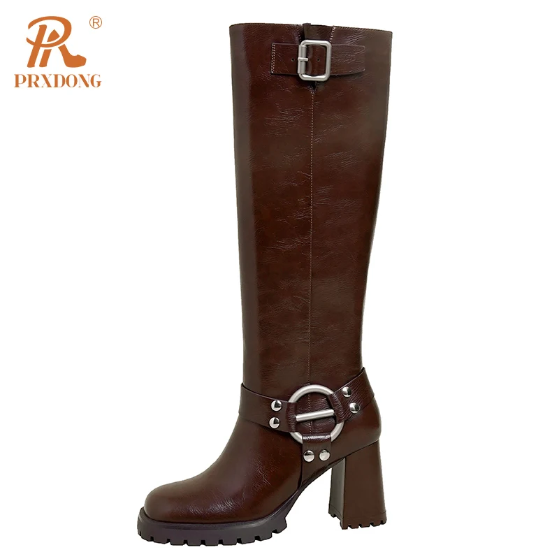 

PRXDONG Genuine Leather Autumn WInter Warm Knee High Boots Chunky High Heels Platform Black Beige Dress Party Lady Shoes Size 39