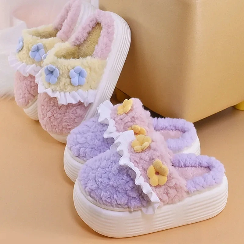 Pleated Lace Slippers Youth Girls Sweet Chunky Shoes For Home Fuzzy Slipper Women's Winter Warm Plush Slides Platform Slippers