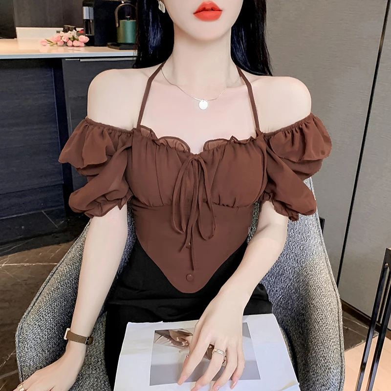 

Sexy Puff Sleeve Halter Crop Tops Women Fashion Drawstring Ruffles Kawaii Blouses Summer Hotsweet Solid Color Short Shirts Mujer