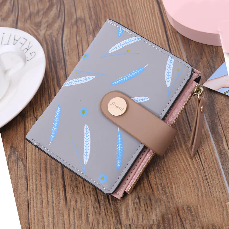 Short Wallet Women Leaf Print Soft PU Leather Ladies Clutch Credit Card Holder Buckle Two-fold Ladies Coin Purse Money Wallets