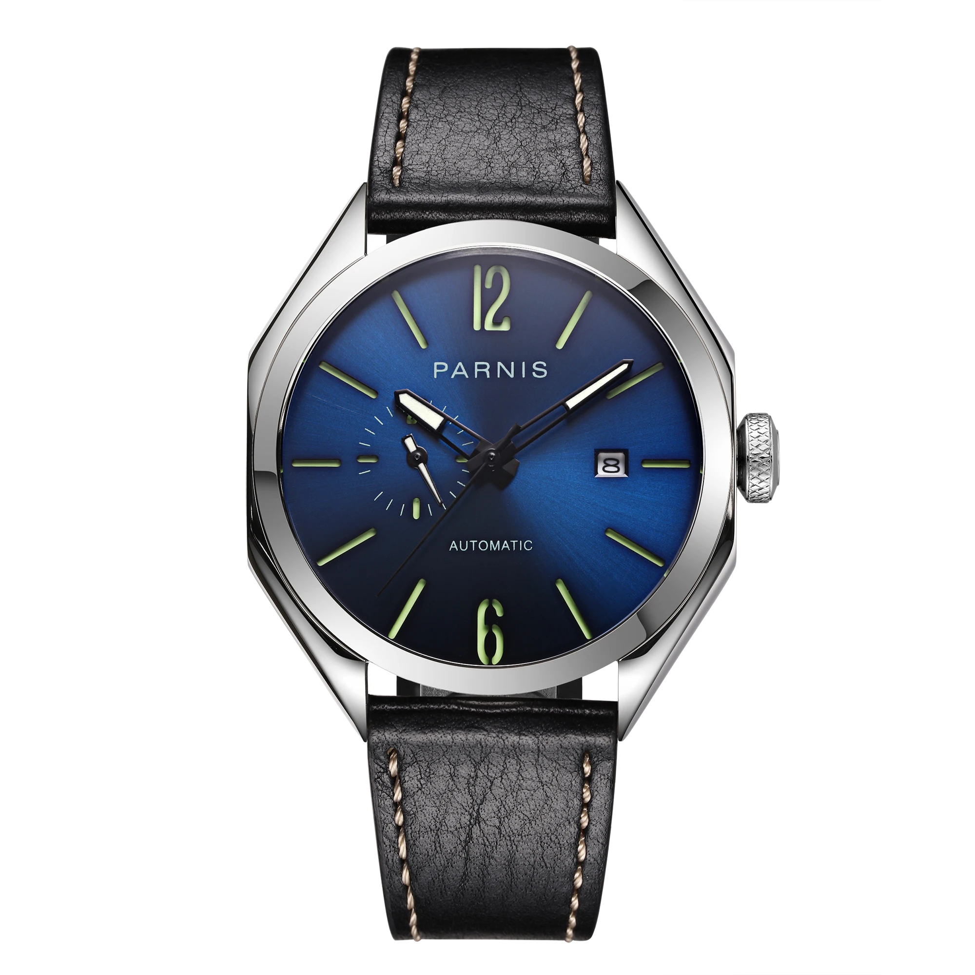 

Parnis New Casual 43mm Blue Dial Automatic Mechanical Men Watches Leather Strap Sapphire Glass Sports Men's Watch reloj hombre