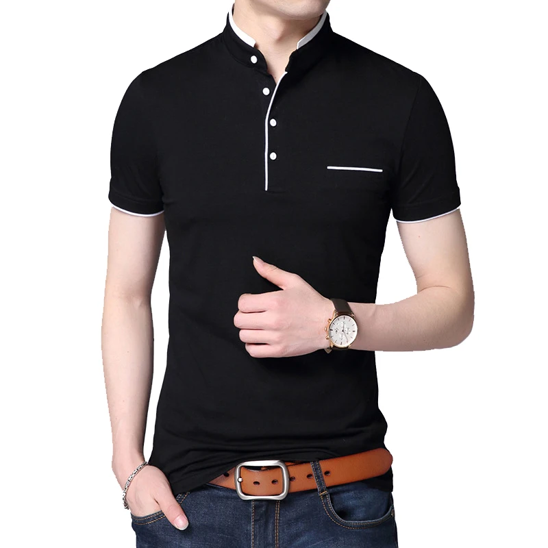 

W165 Summer Short Sleeve T-shirt Stand Collar Solid Slim T-shirt Men Cotton Tops Tees Plus Size 5XL